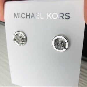 Michael Kors Silver Logo Stud Earrings NWT | Round MK Crystal Accent